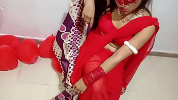 Freshly Married Indian Wifey In Crimson Sari Celebrating Valentine With Her Desi Hubby - Utter Hindi Greatest Hardcore